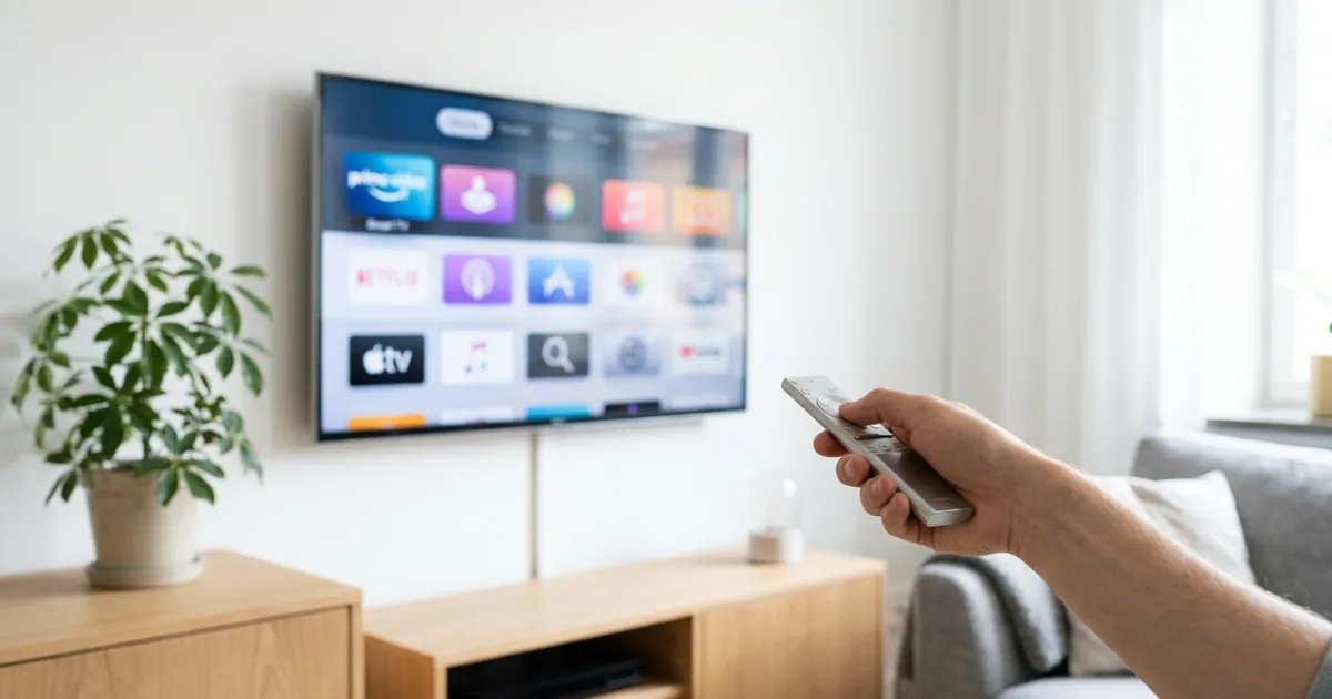 Fjärrkontroll riktad mot Smart TV i svenskt vardagsrum