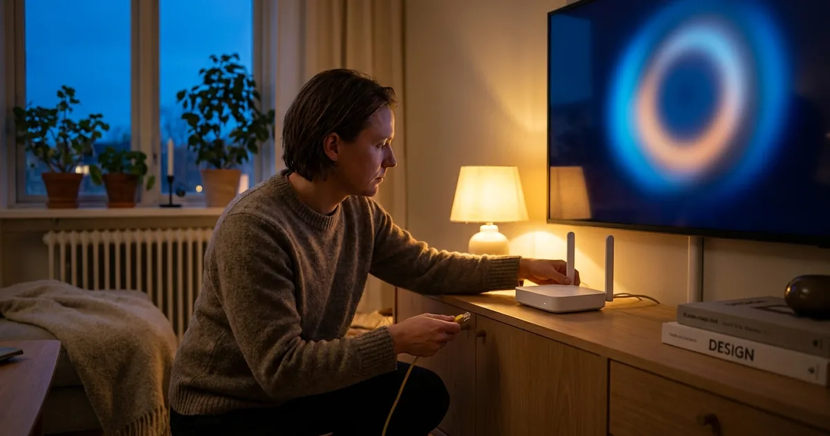 Router justeras framför TV i svenskt vardagsrum på kvällen